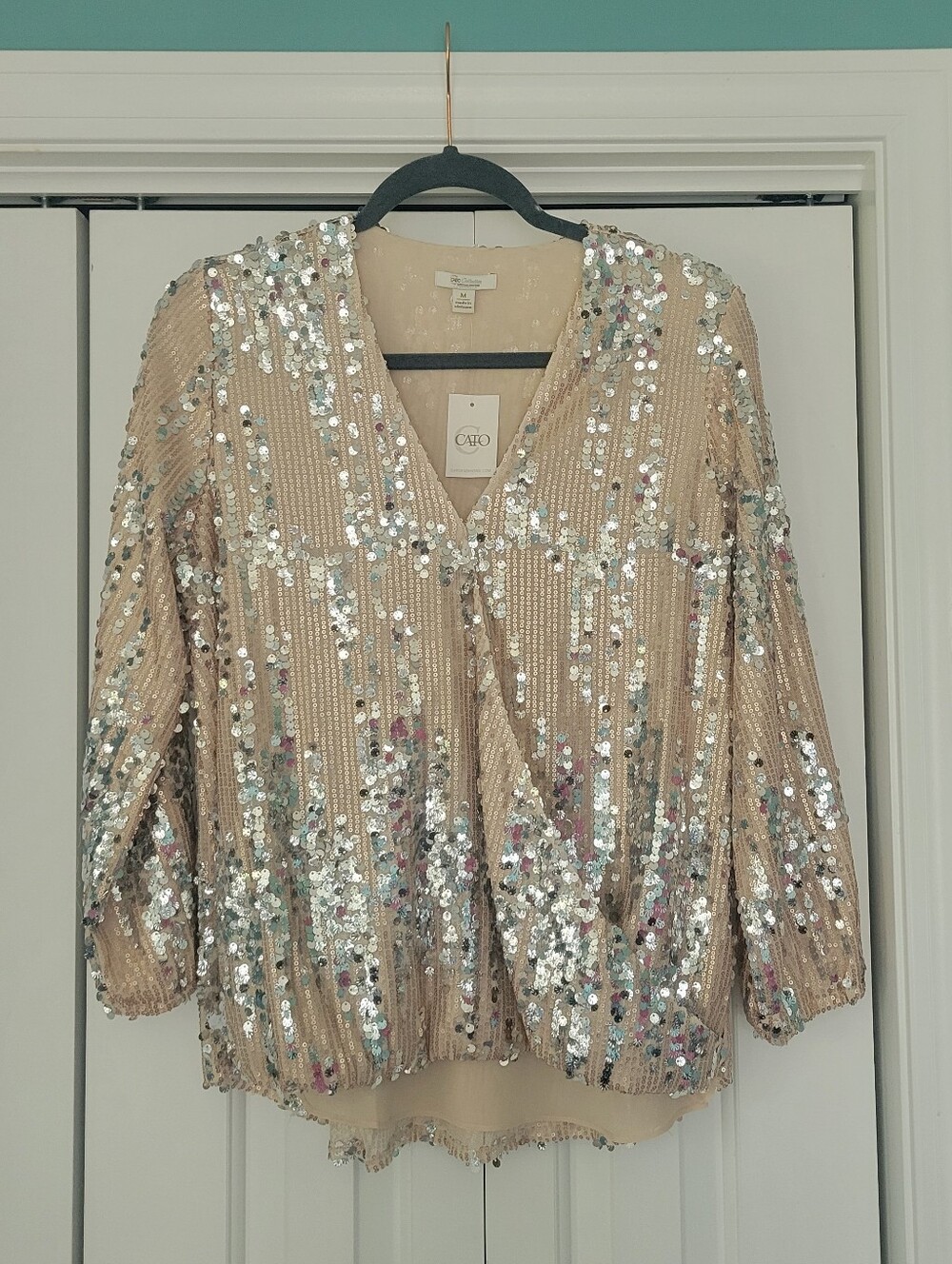 Cato Champagne Sequin V-Neck Blouse
